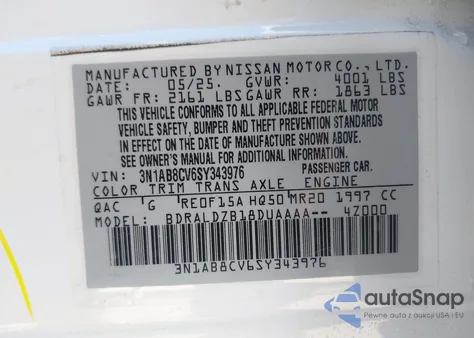 2025 Nissan Sentra Sv из США, поврежденный, VIN 3N1AB8CV6SY343976